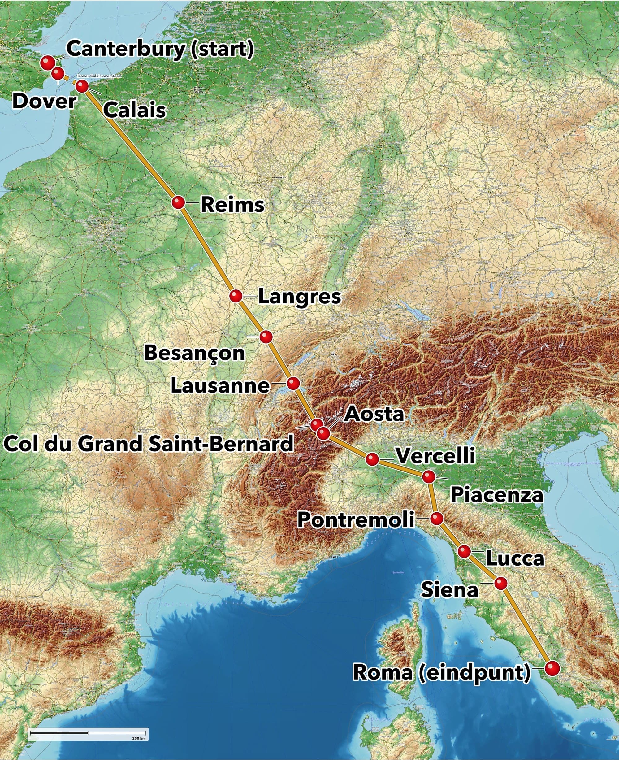 Kaart van de route Via Roma, van Canterbury via Reims, Lausanne en Siena naar Rome